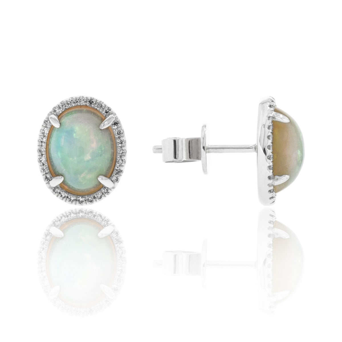 Oval Opal & Diamond Halo 14K White Gold Earrings