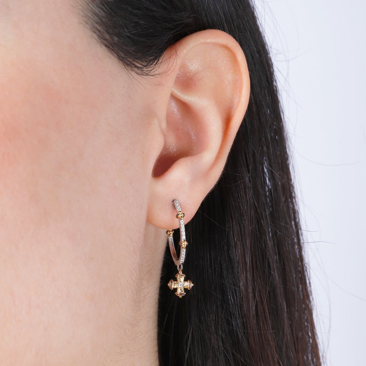 Diamond 14K Gold Cross Drop Hoop Earrings