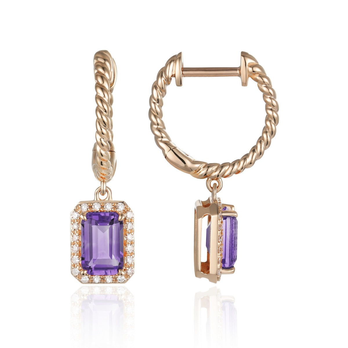 Amethyst & Diamond Frame 14K Rose Gold Dangle Earrings