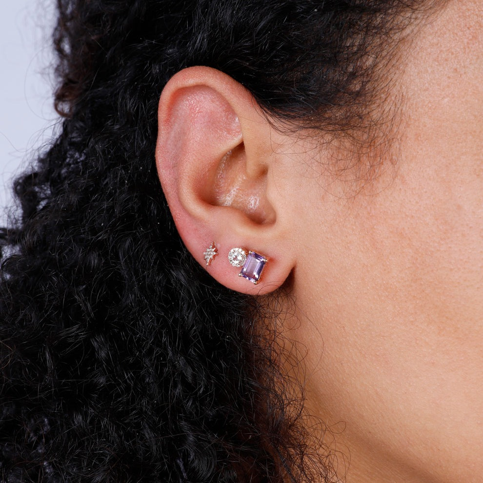 Emerald-Cut Amethyst & Round White Topaz 14K Rose Gold Stud Earrings