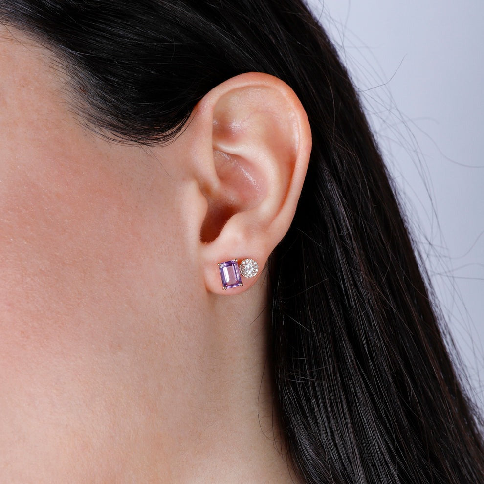 Emerald-Cut Amethyst & Round White Topaz 14K Rose Gold Stud Earrings