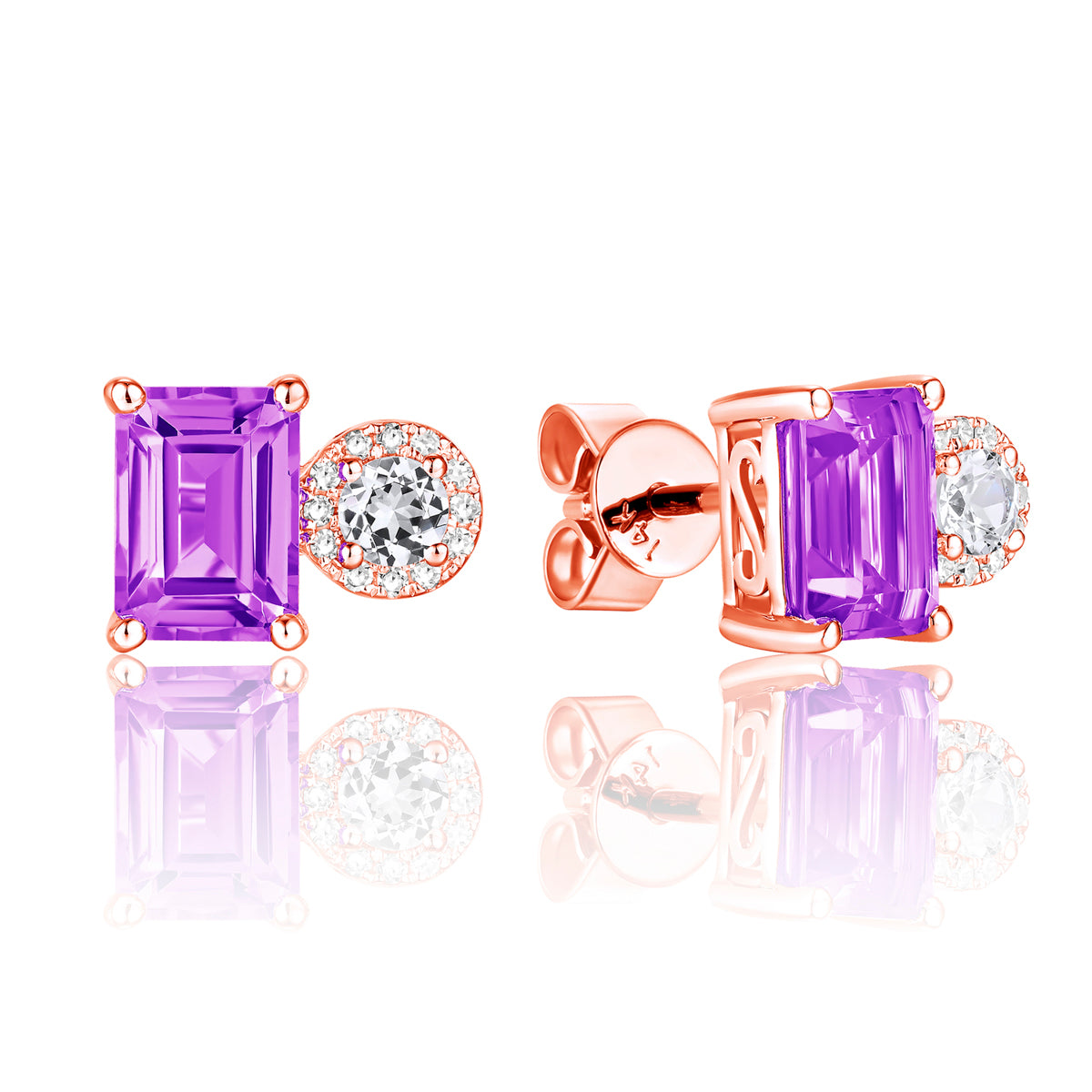 Emerald-Cut Amethyst & Round White Topaz 14K Rose Gold Stud Earrings