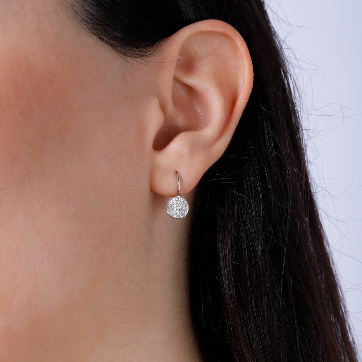 Diamond Pavé Circle 14K White Gold Leverback Earrings