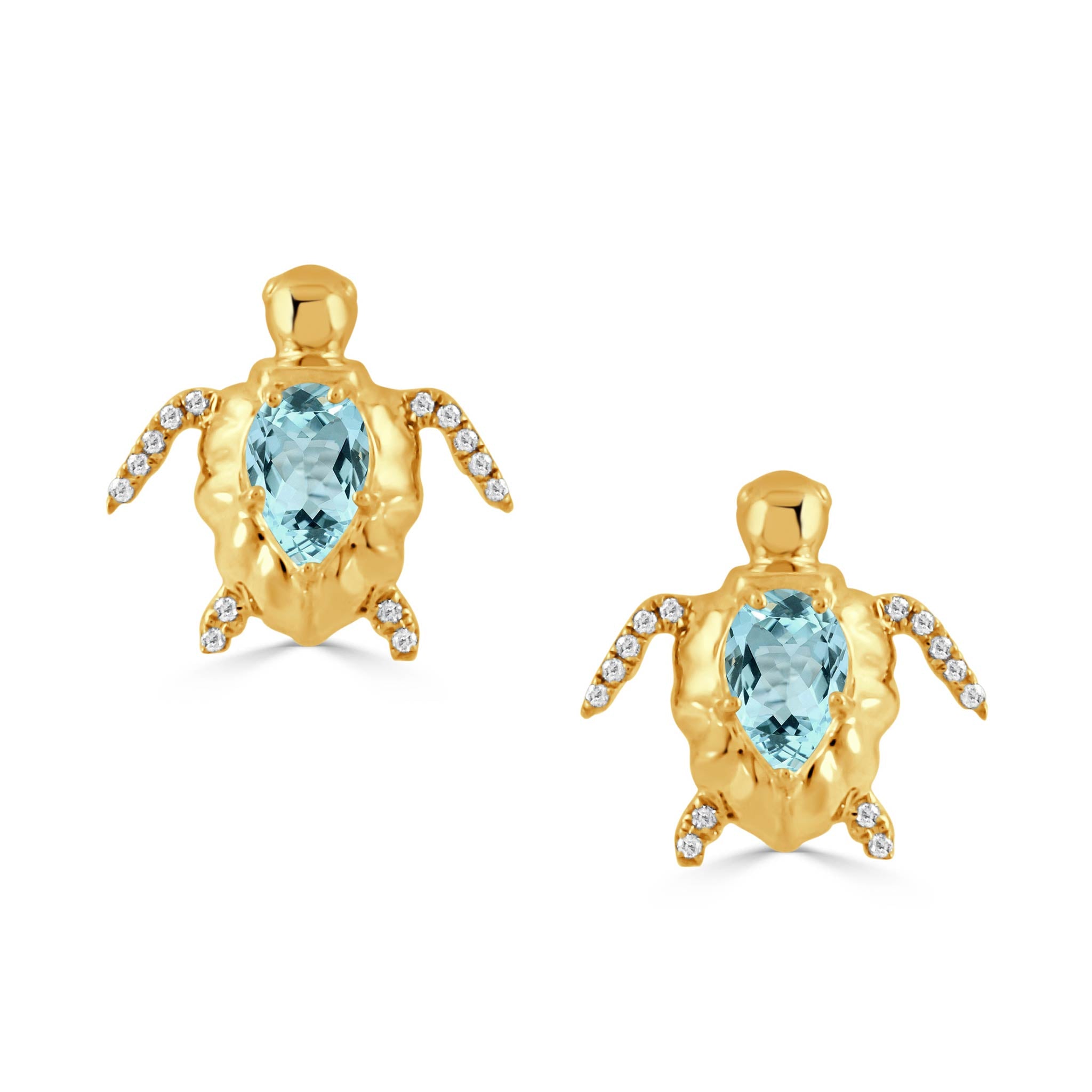Blue Topaz & Diamond 18K Yellow Gold Sea Turtle Stud Earrings