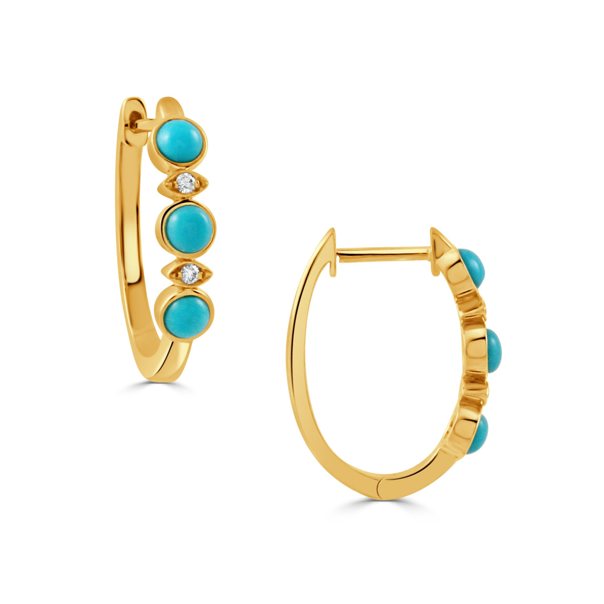 Turquoise 3-Stone Diamond 18K Gold Hoop Earrings