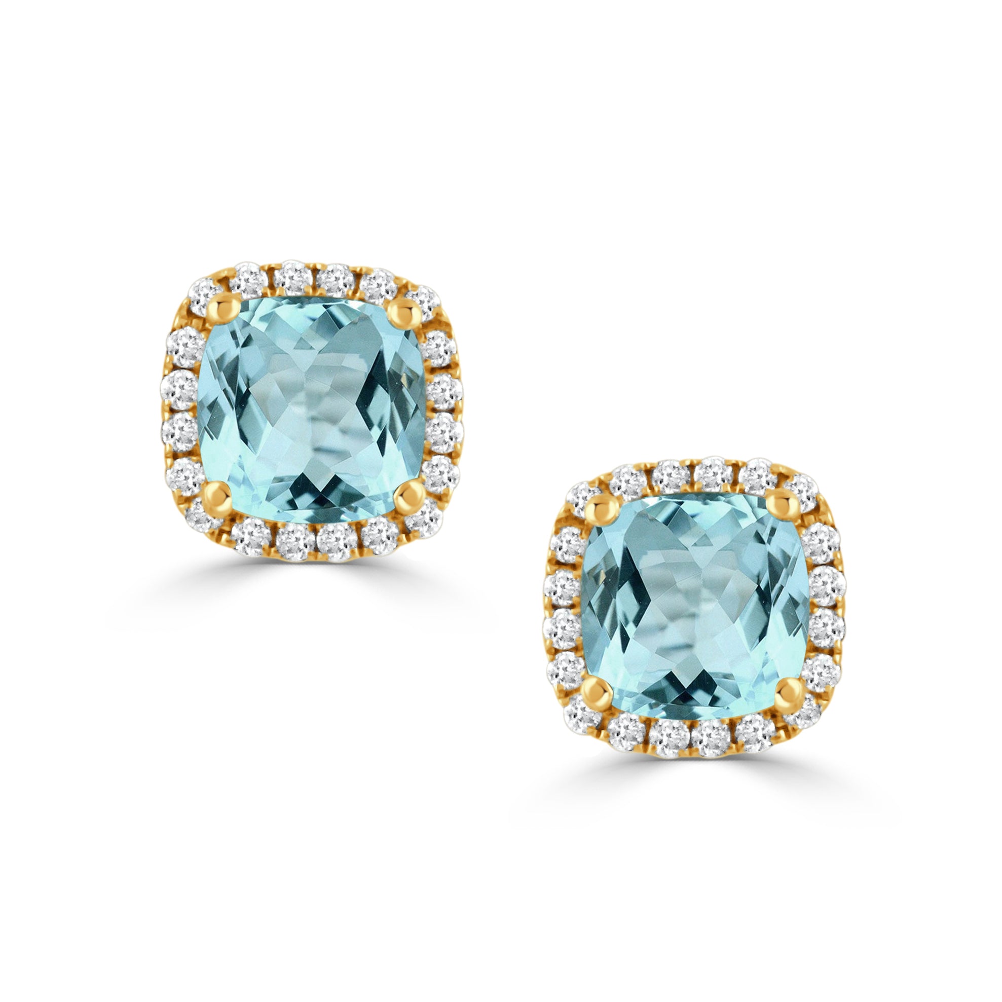 Cushion Blue Topaz & Diamond Halo 18K Yellow Gold Stud Earrings