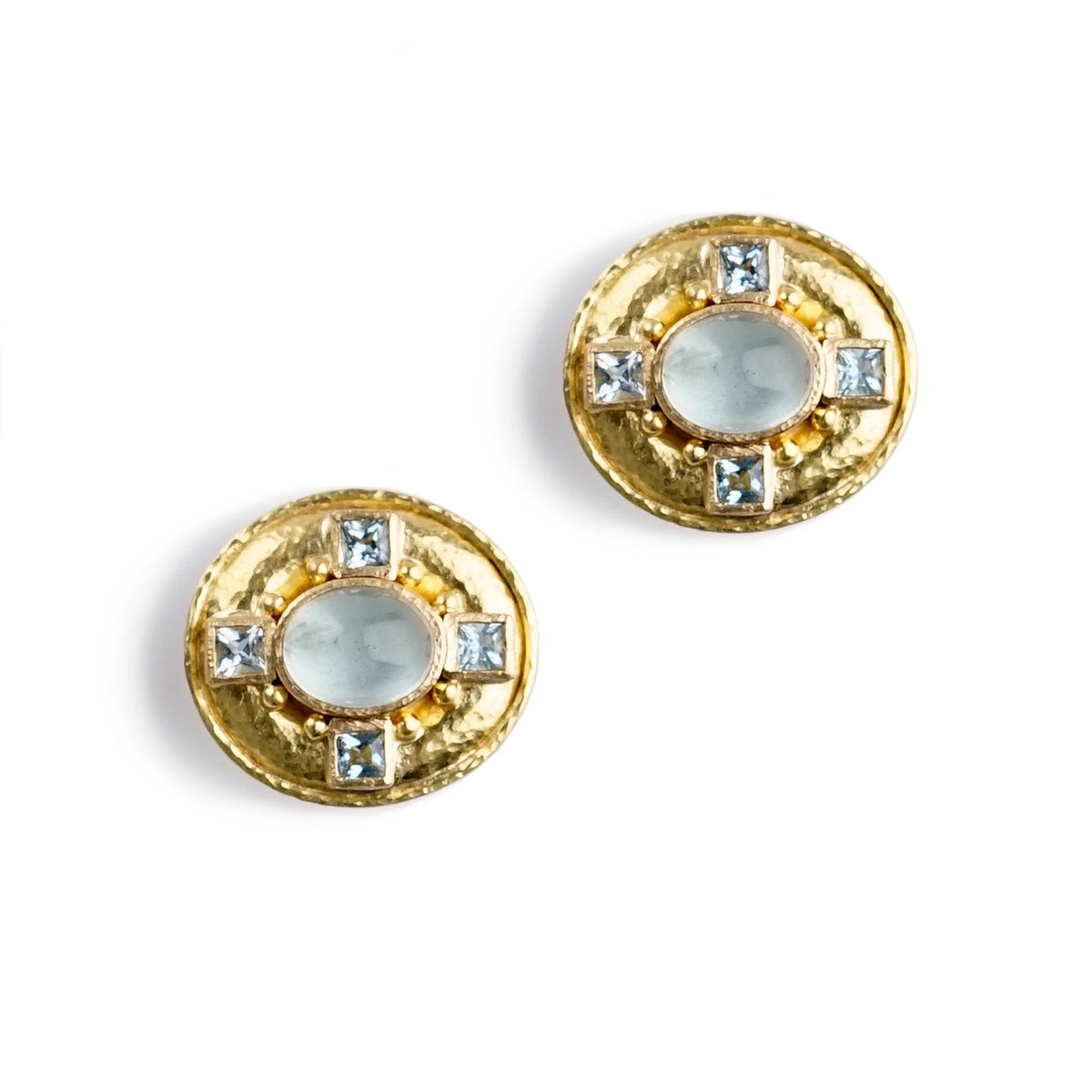 Elizabeth Locke 19K yellow gold earrings with oval cabochon aquamarines, four square aquamarine accents, and a hammered finish.