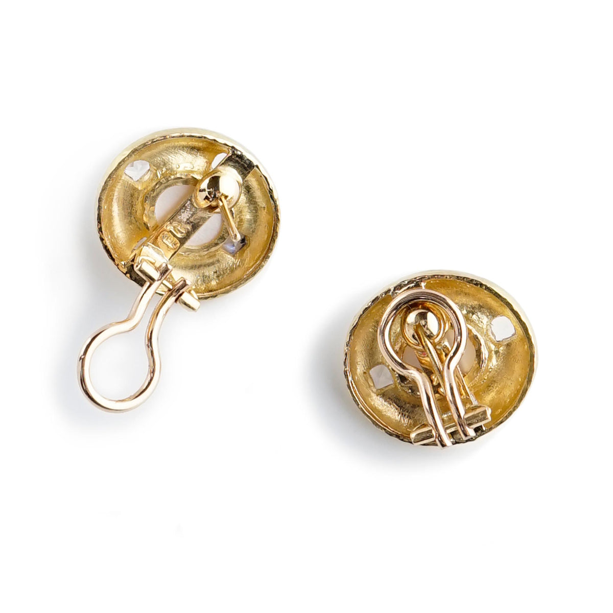 Back of Elizabeth Locke aquamarine earrings showing gold omega clips and fold-down posts.
