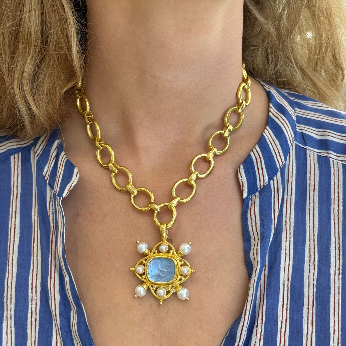 Elizabeth Locke Cerulean 'Cherub with Sail' & Pearl Pendant