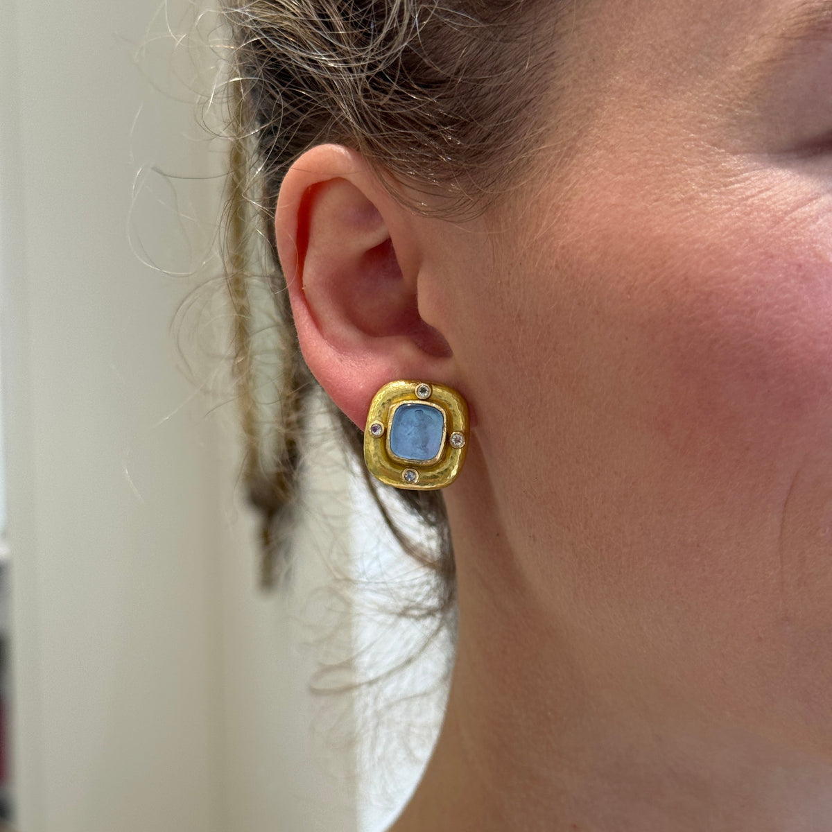 Elizabeth Locke Cerulean “Square Putto” Venetian Glass Intaglio Earrings