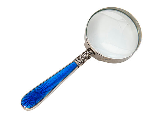 a magnifying glass with a blue handle