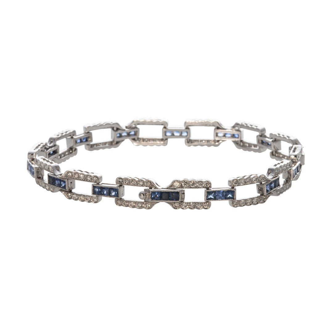 Art Deco Sapphire & Diamond 18K White Gold Link Bracelet