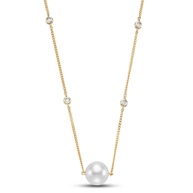 8.5-9mm Freshwater Pearl & Diamond Bezel Station 14K Yellow Gold Necklace