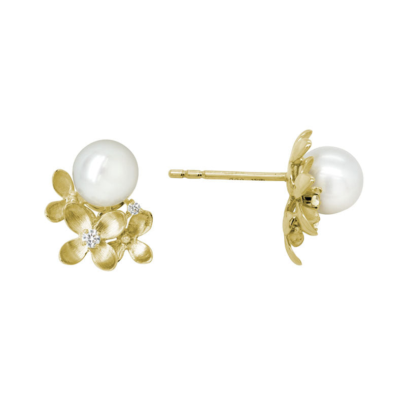 Freshwater Pearl & Diamond Floral 14K Yellow Gold Stud Earrings
