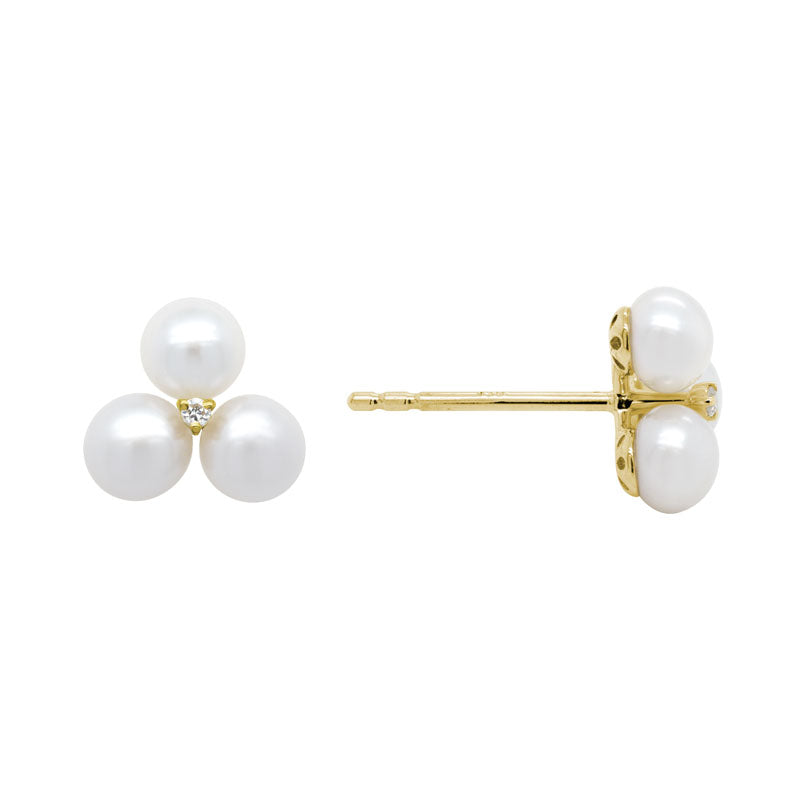 Freshwater Pearl Trio & Diamond 14K Yellow Gold Stud Earrings