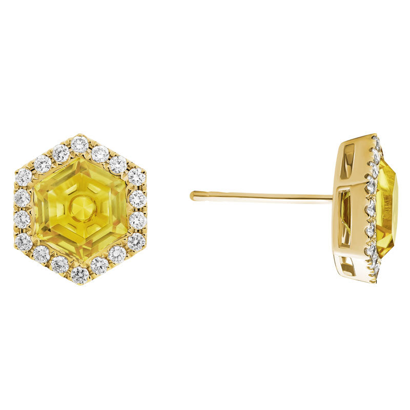 Citrine & Diamond Halo Hexagon 14K Yellow Gold Stud Earrings