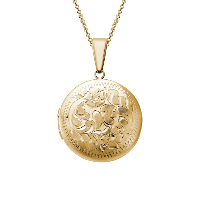 14K Yellow Gold 19mm Engraved Floral Round Locket Necklace