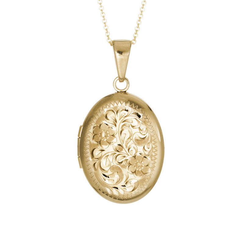 14K Yellow Gold 20.5mm Engraved Floral Oval Locket Necklace
