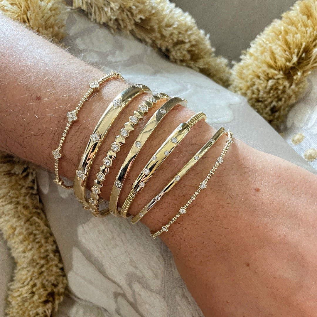 Diamond 7-Station 14K Yellow Gold Beaded Flexible Bangle