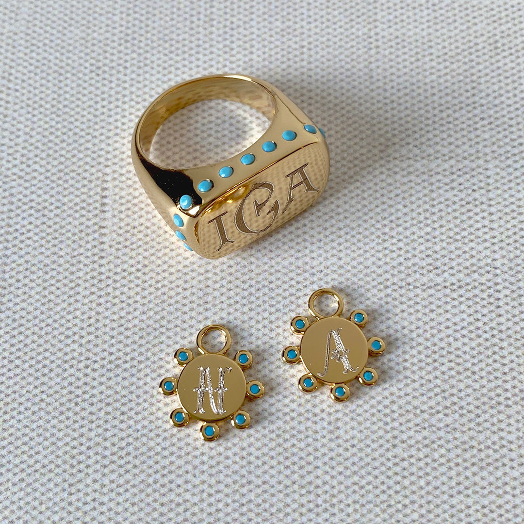 Goldbug Turquoise Signet Ring and Earring Charms with machine engraving personalization