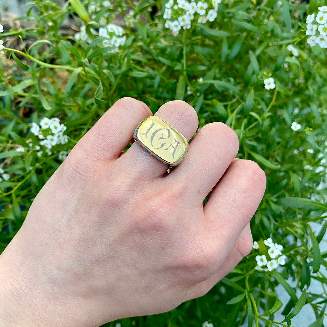 Goldbug Turquoise Signet Ring with machine engraved monogram
