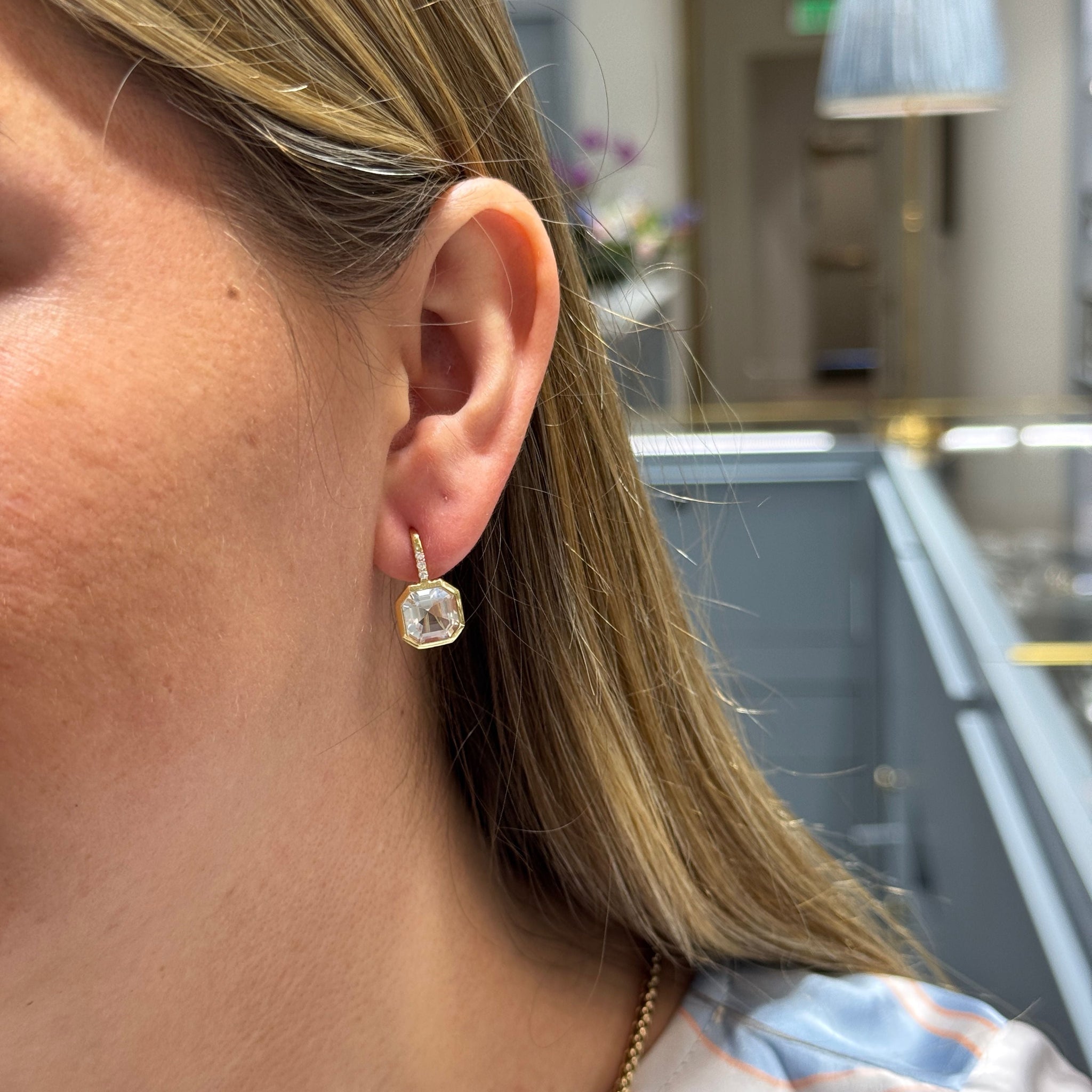 Goshwara Octagonal Bezel Drop Rock Crystal 18K Gold Earrings