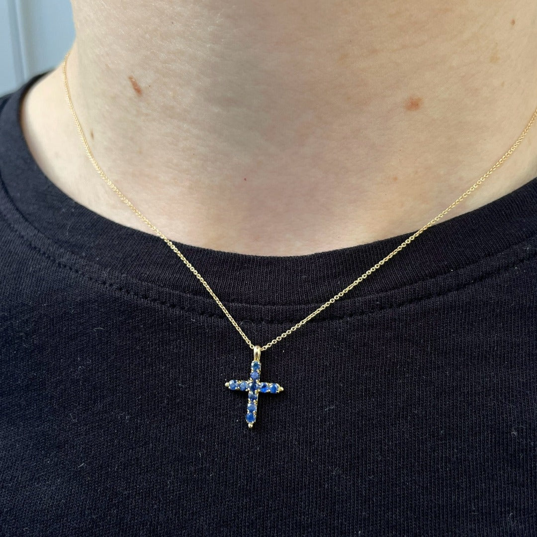 Blue Sapphire Cross 18K Gold Pendant Necklace