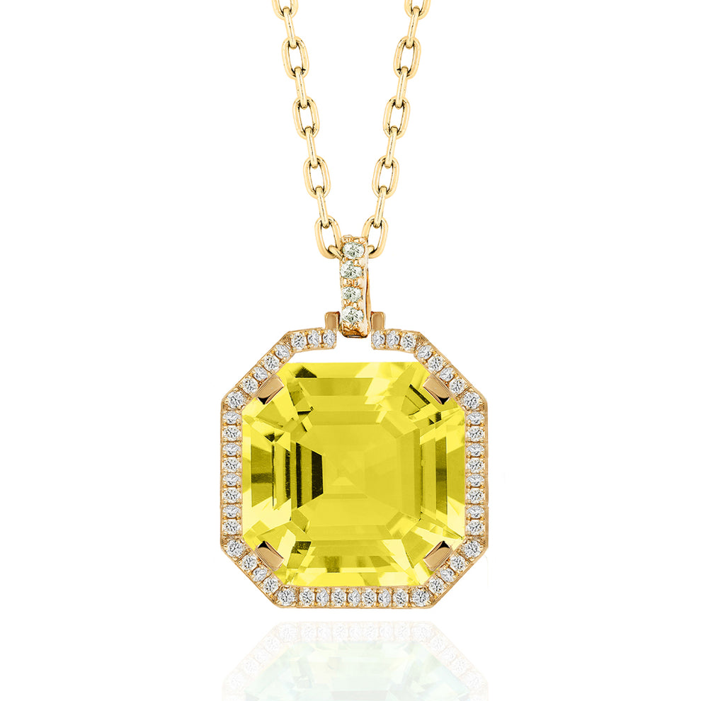 Goshwara Asscher Lemon Quartz & Diamond Halo 18K Gold Pendant Necklace
