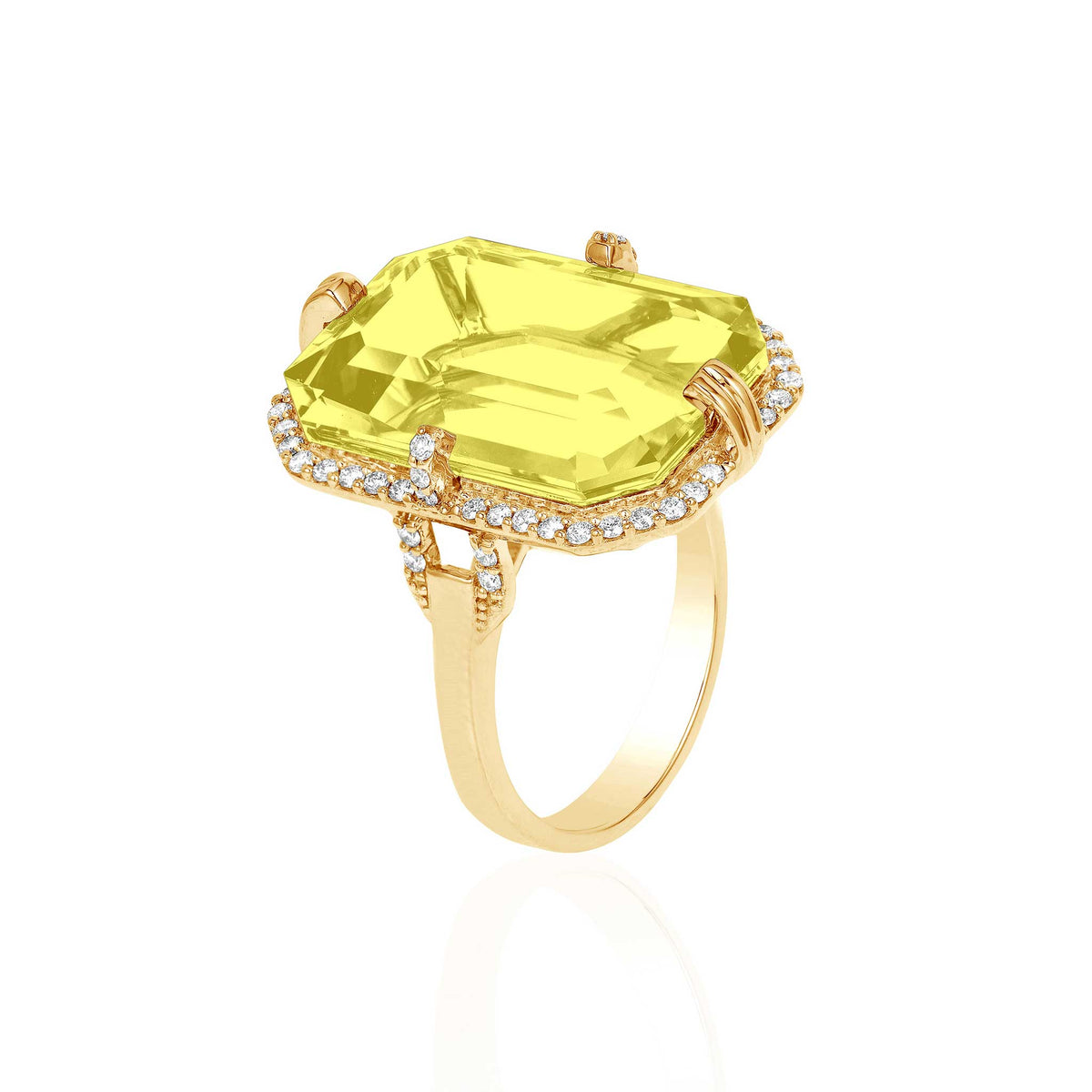 Goshwara Emerald-Cut Lemon Quartz & Diamond 18K Gold Ring