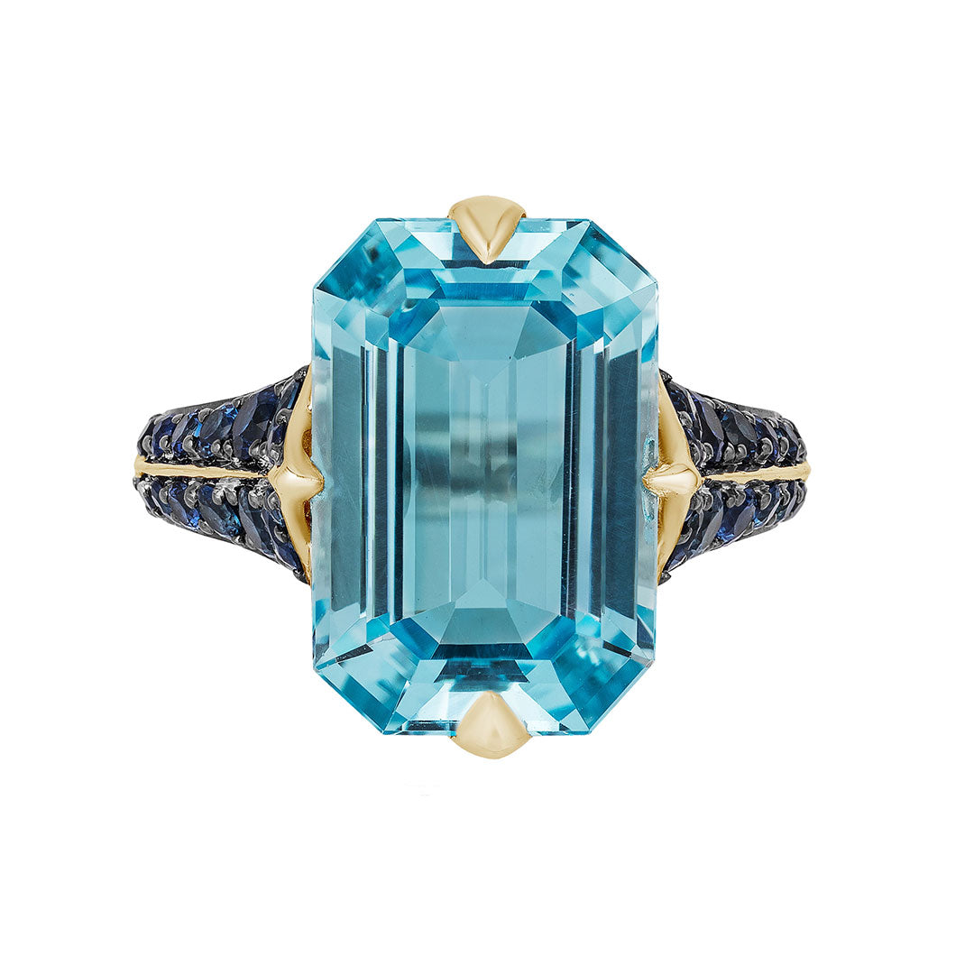 Goshwara Emerald Cut Blue Topaz & Sapphire 18K Gold Ring