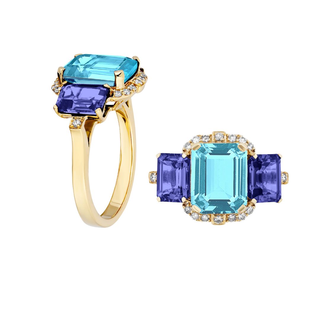 Goshwara 3 Stone Blue Topaz & Tanzanite 18K Gold Ring