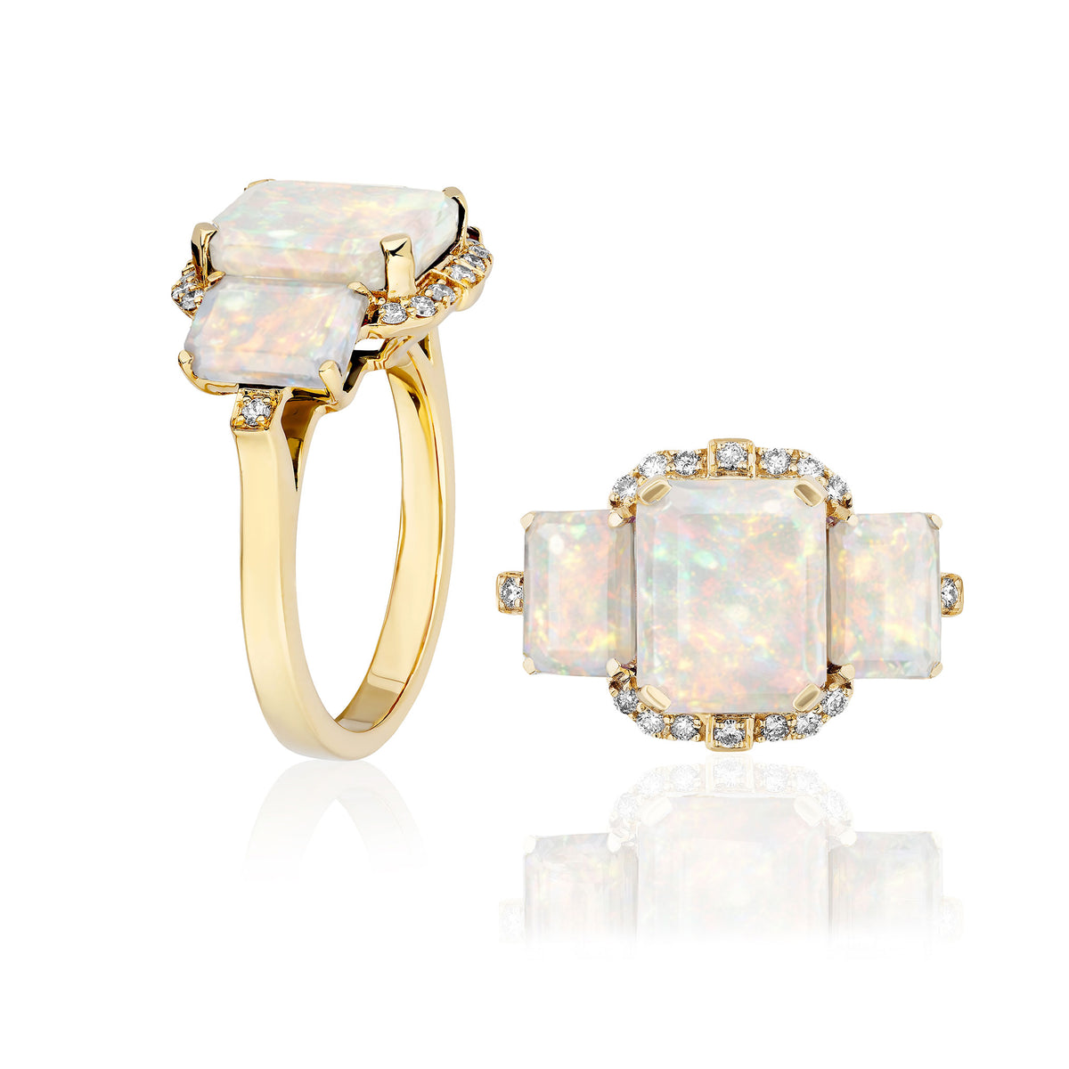 Goshwara three-stone emerald-cut opal ring in 18K yellow gold with diamond accents, shown from the front and side.