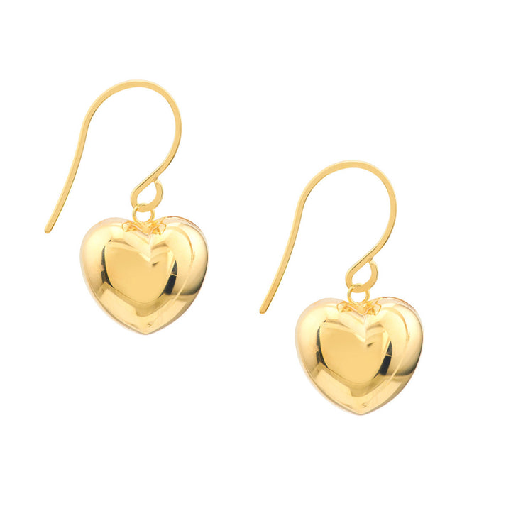 14K Yellow Gold Puffed Heart Drop Earrings