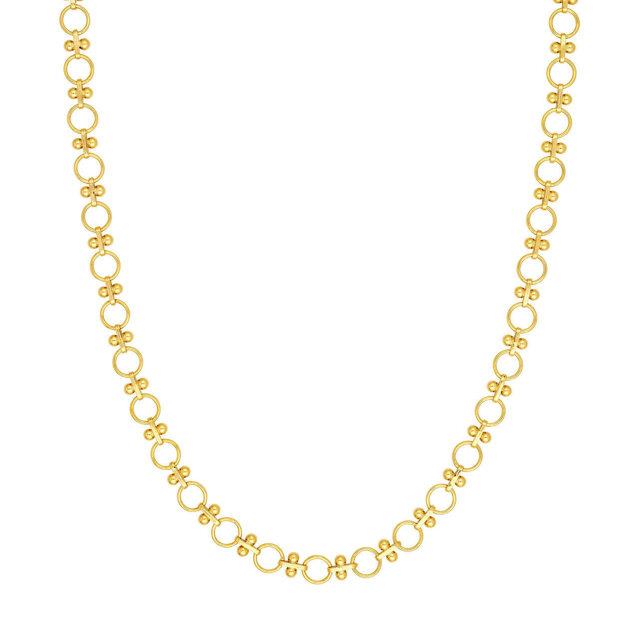 14K Yellow Gold Alternating Round Link Beaded Bar Necklace