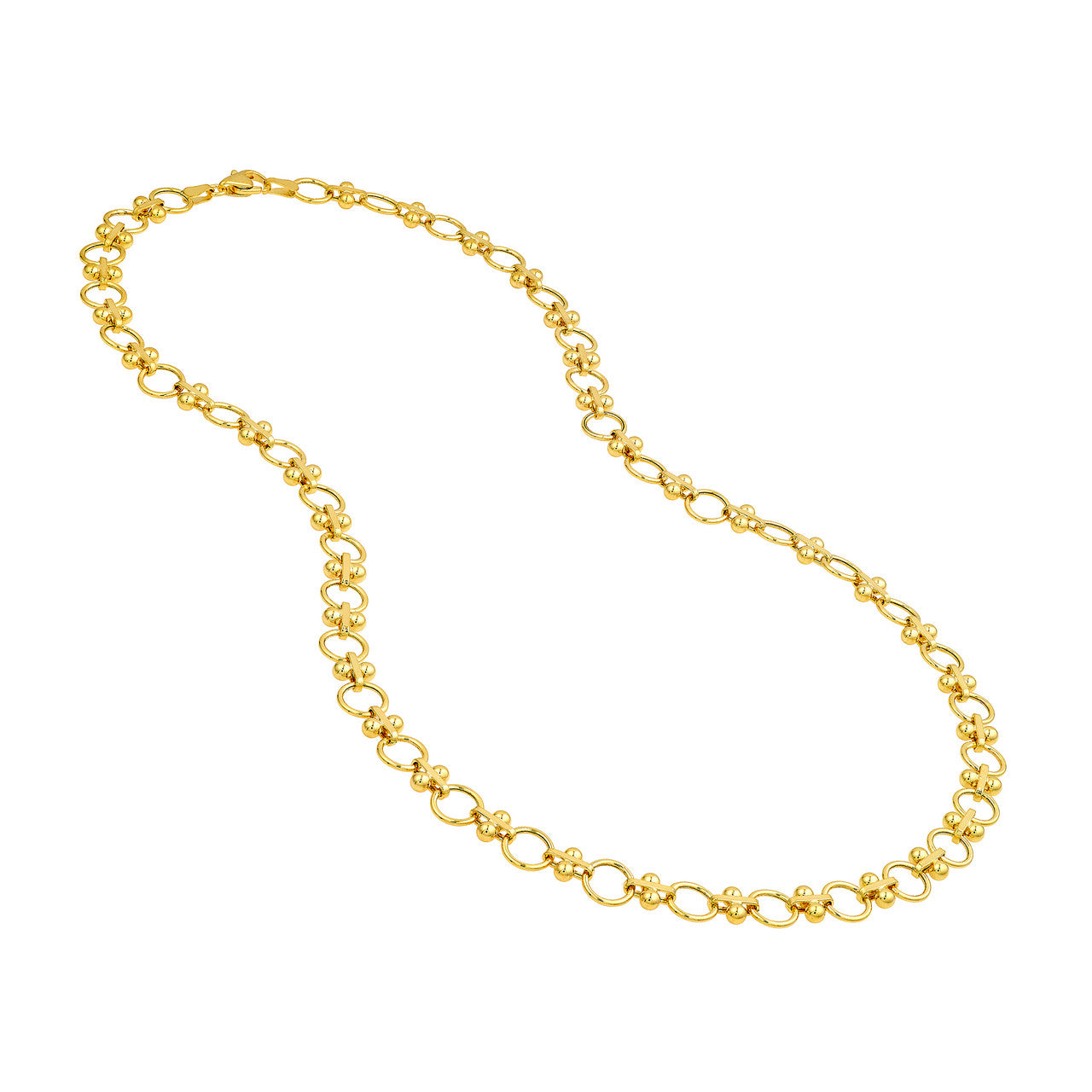 14K Yellow Gold Alternating Round Link & Beaded Bar Necklace