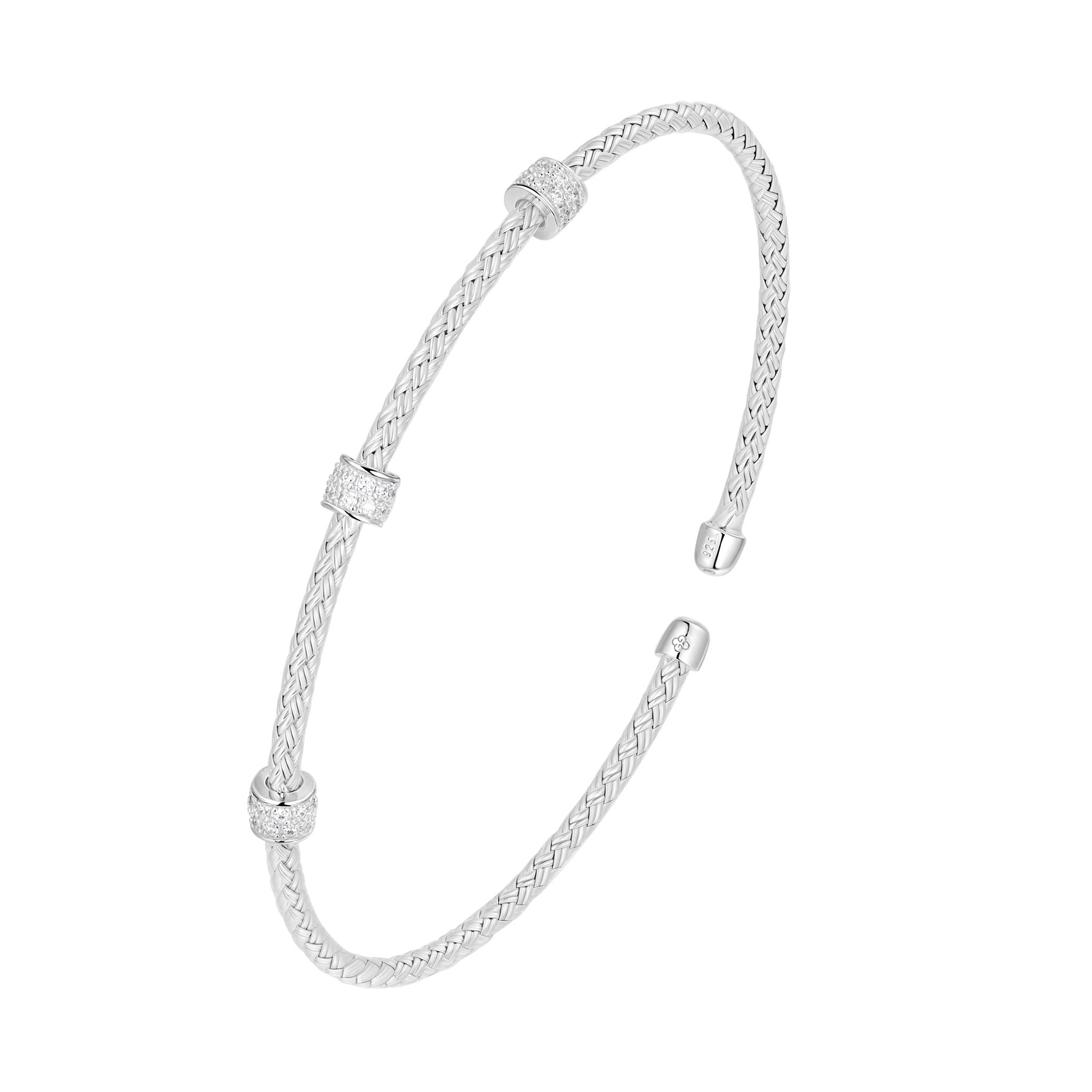 CZ Rhodium-Plated Sterling Silver 2mm Mesh Cuff Bangle