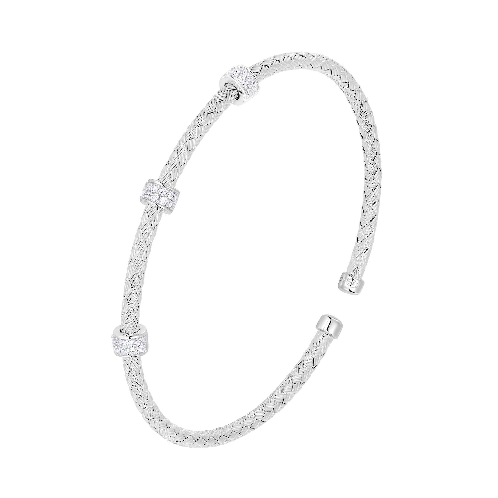 Charles Garnier CZ Rhodium-Plated Sterling Silver 3mm Mesh Cuff Bangle