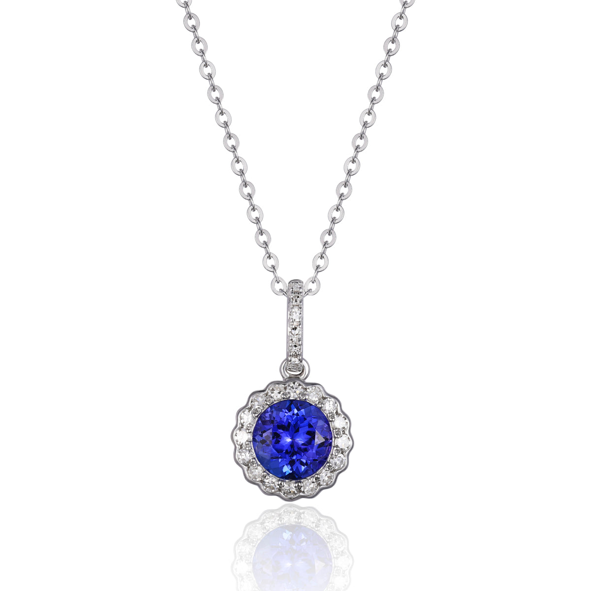 Tanzanite & Diamond Halo 14K White Gold Flower Pendant Necklace
