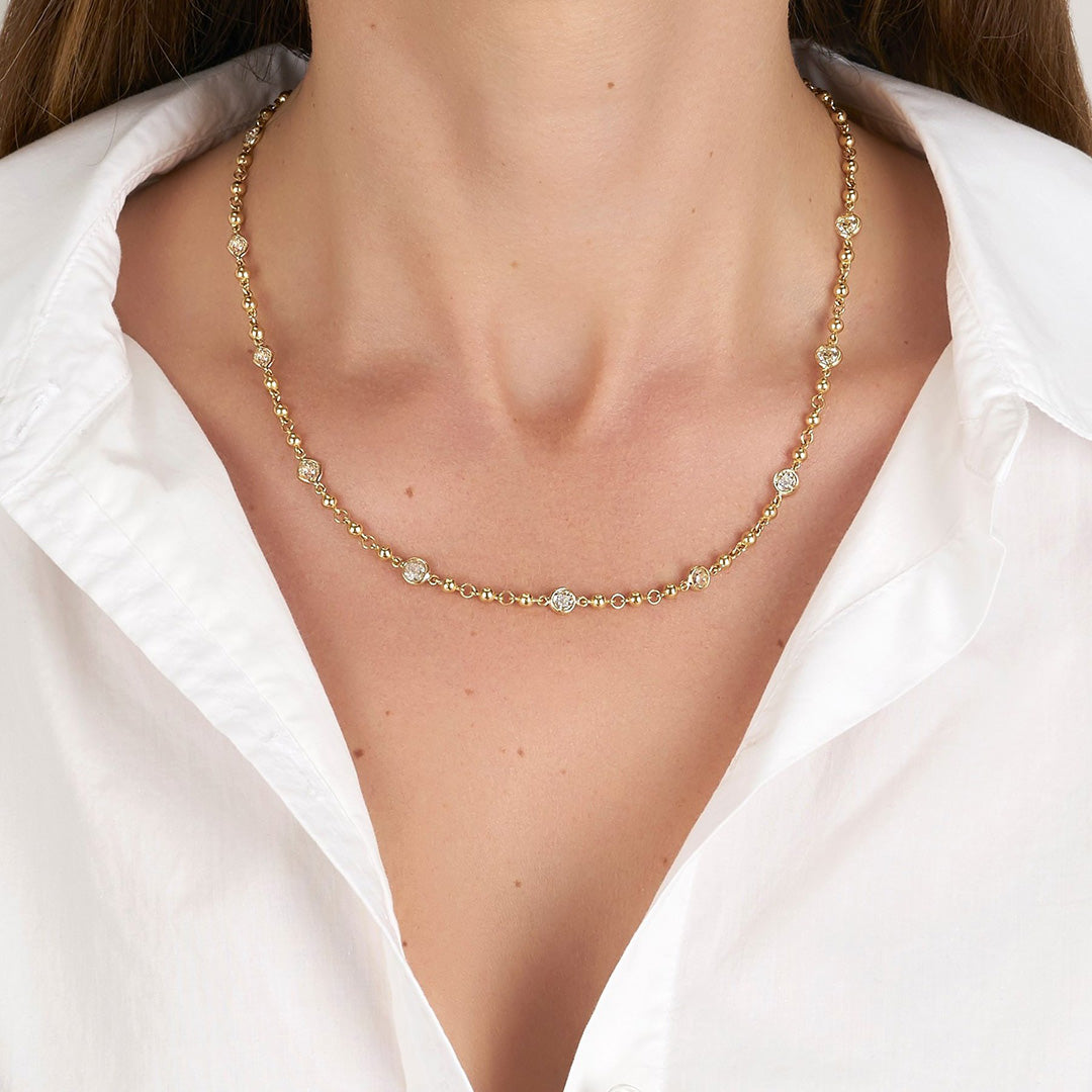 Single Stone Diamond Rosary Chain Necklace
