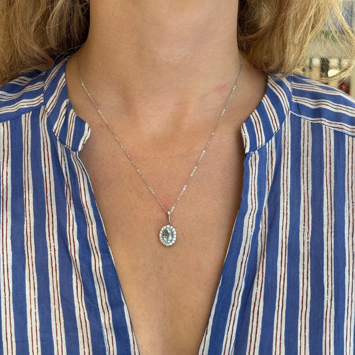 Oval Aquamarine & Diamond Cluster 14K White Gold Pendant