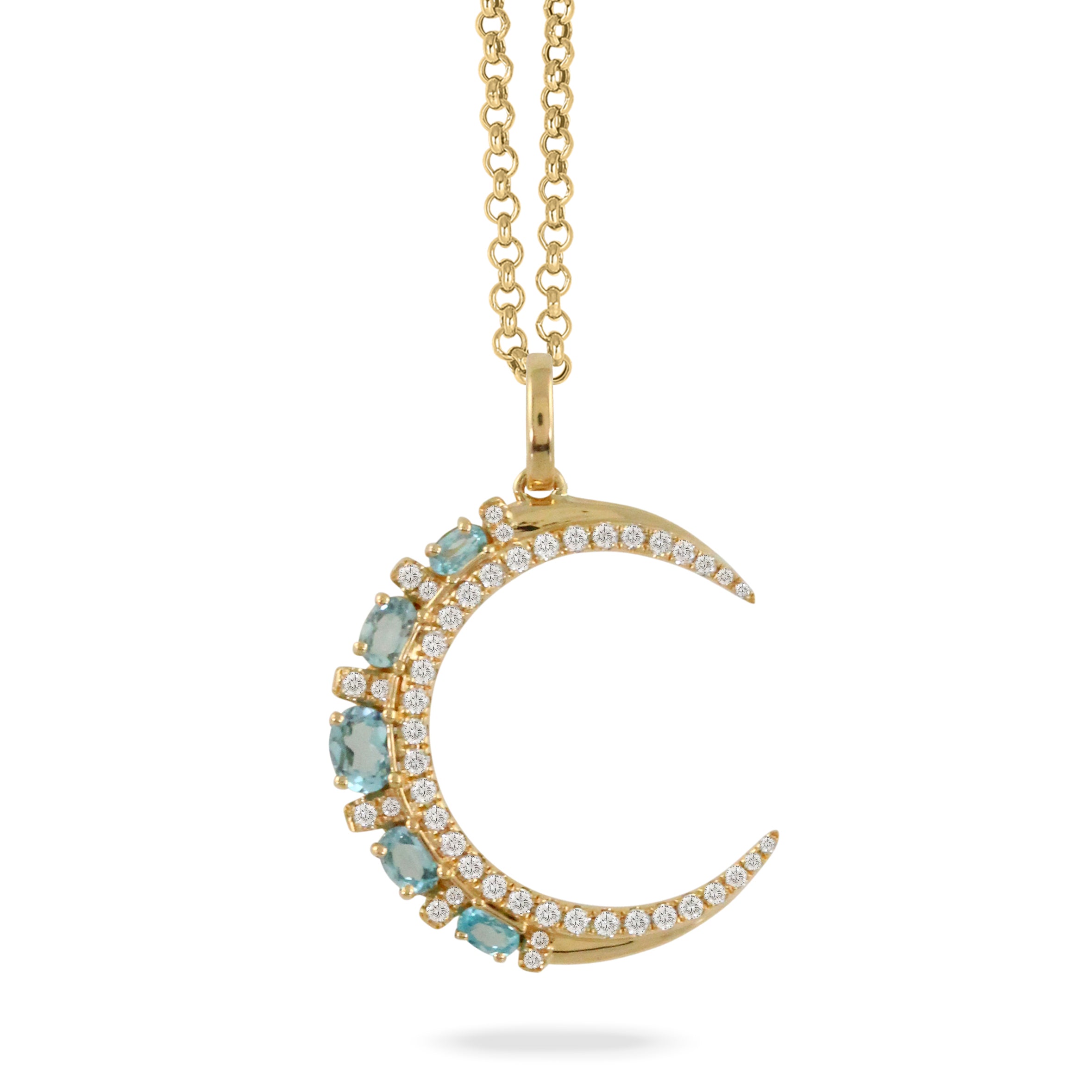 Blue Topaz & Diamond 18K Yellow Gold Crescent Pendant Necklace