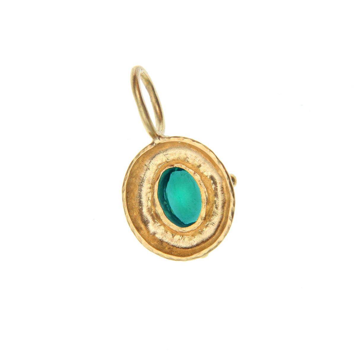 Back of Elizabeth Locke blue zircon pendant showing the open-backed oval setting and yellow gold jump ring.