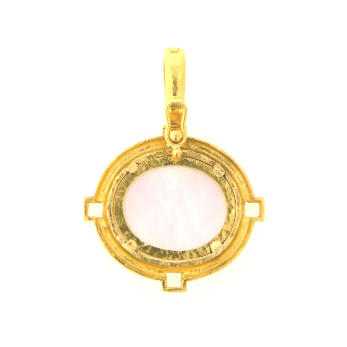 Back of Elizabeth Locke Goddess on Boat pendant showing mother-of-pearl backing, yellow gold settings, and a hinged bail.