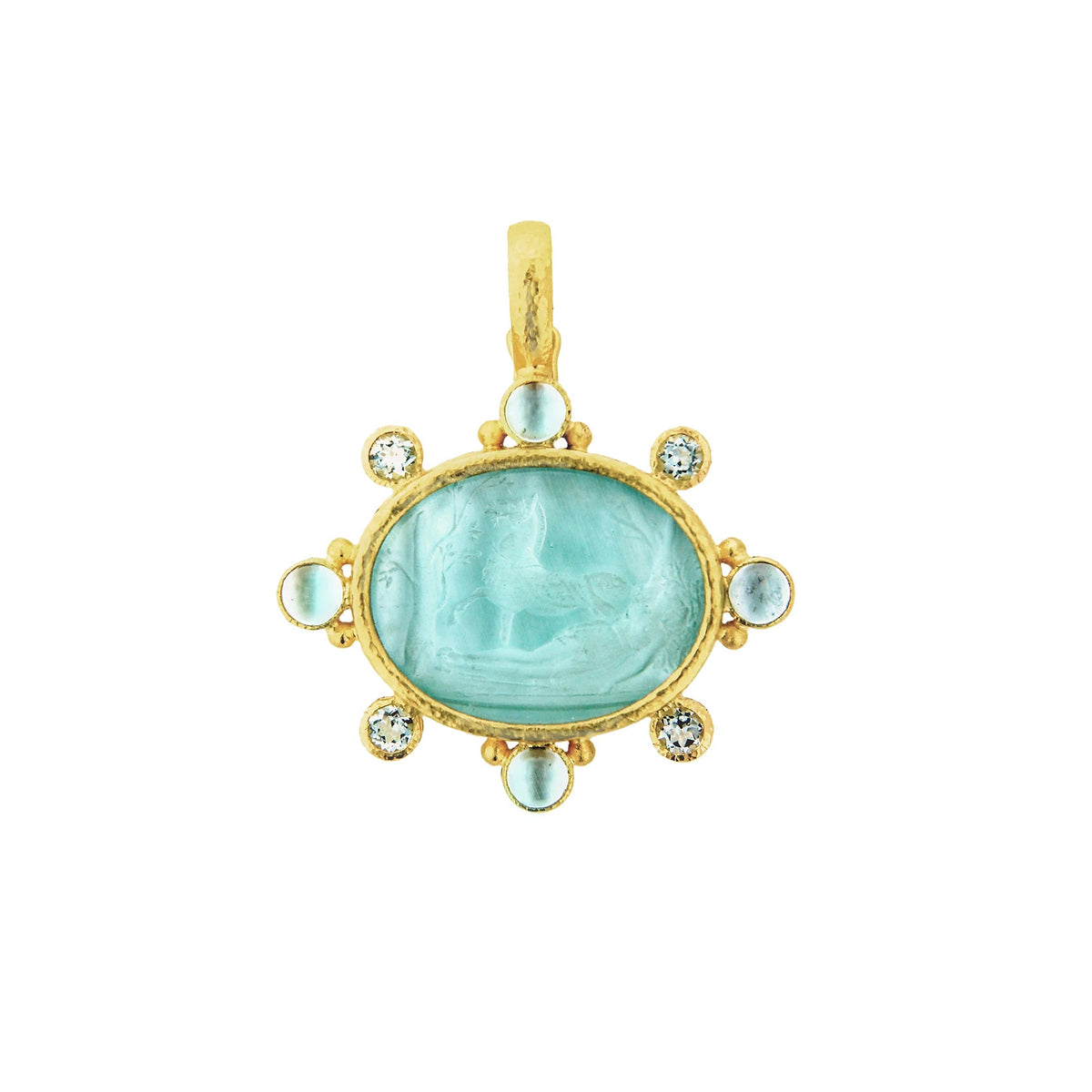Elizabeth Locke light aqua glass intaglio pendant depicting a horse with a sleeping maiden, framed in yellow gold with aquamarine accents.