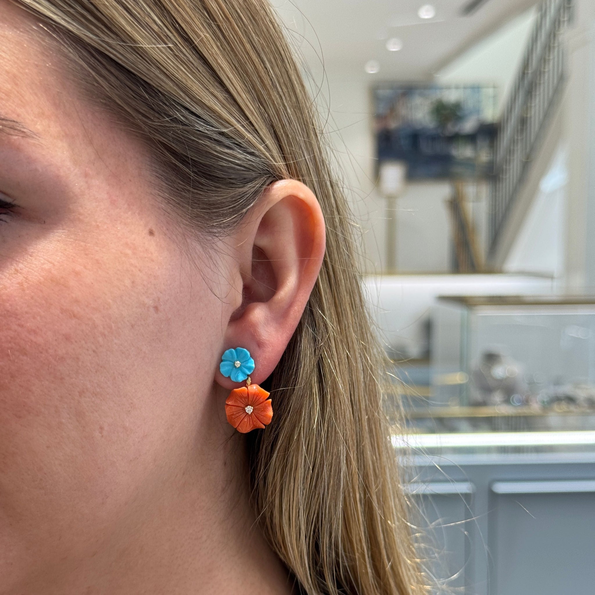 Paul Morelli Turquoise & Coral Flower Drop Earrings