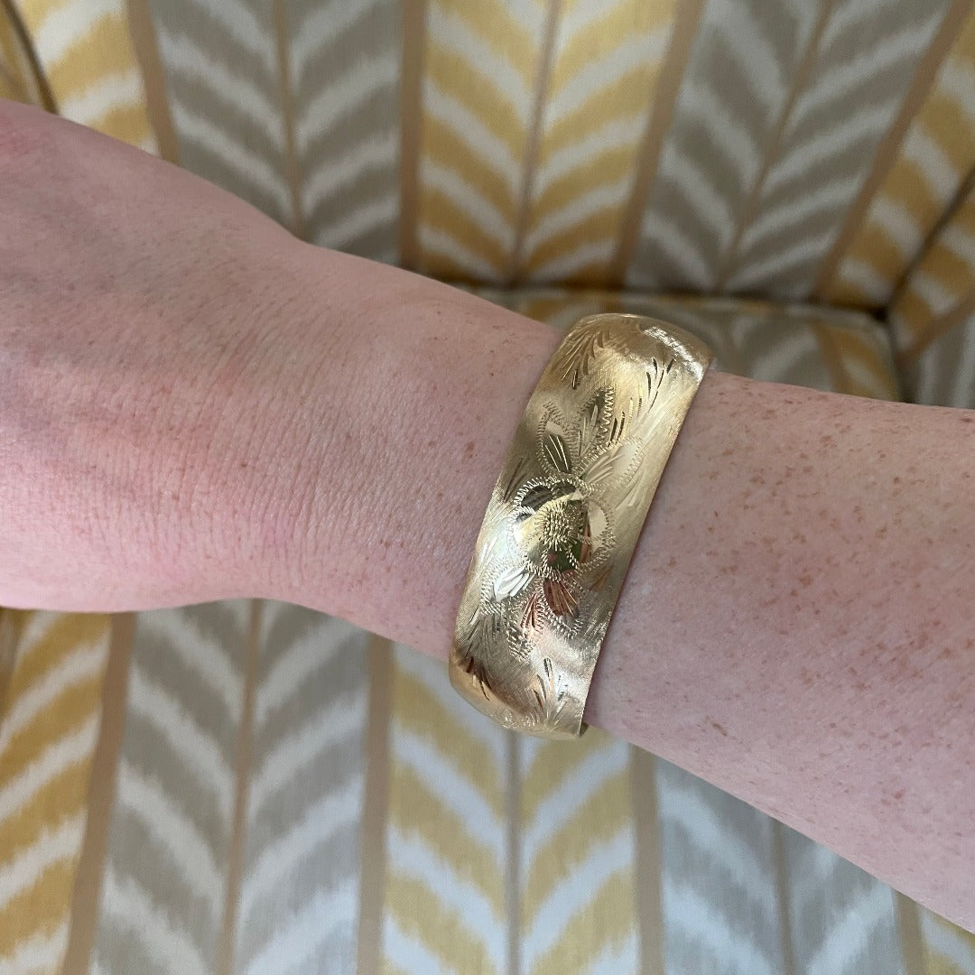 Estate Floral Engraved 14K Yellow Gold Wide Bangle