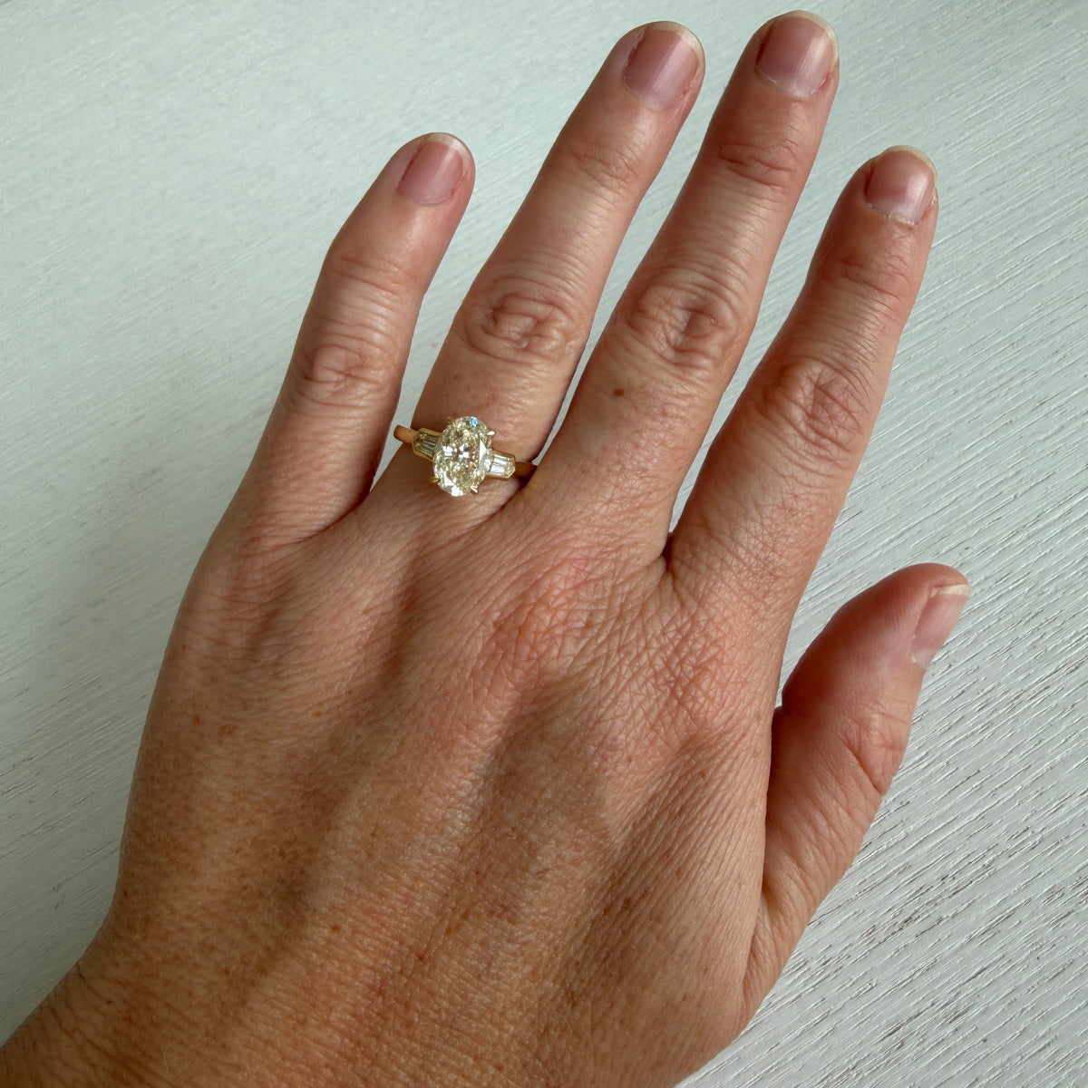 2ctw Oval Center & Cadillac Side Diamond Three-Stone 18K Gold Ring