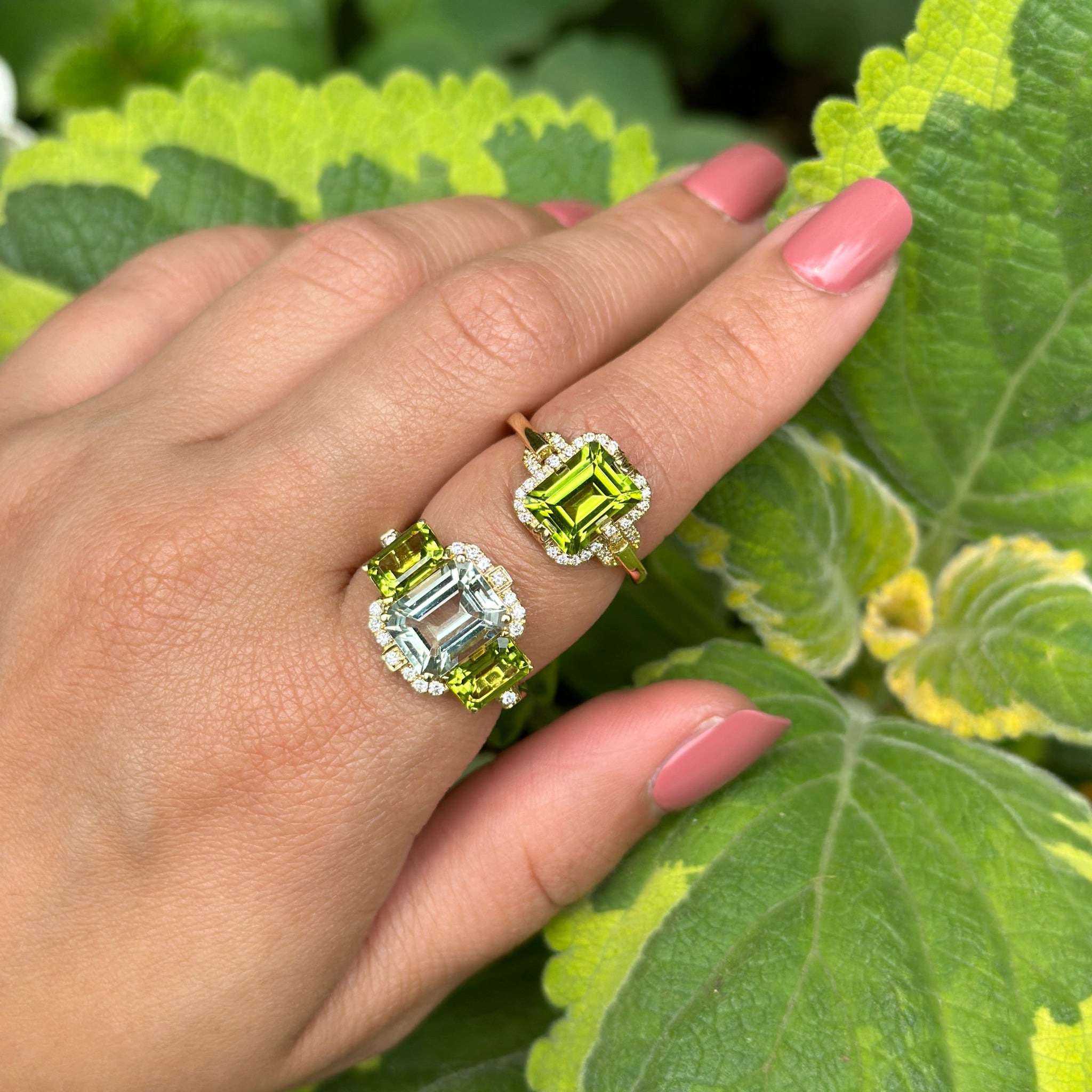 Goshwara 3-Stone Prasiolite & Peridot 18K Gold Ring, Peridot & Diamond 18K Gold Ring