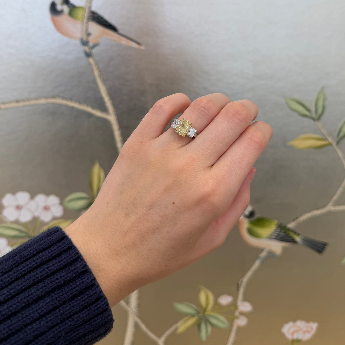 4ctw Cushion Diamond Three-Stone Two-Tone Engagement Ring