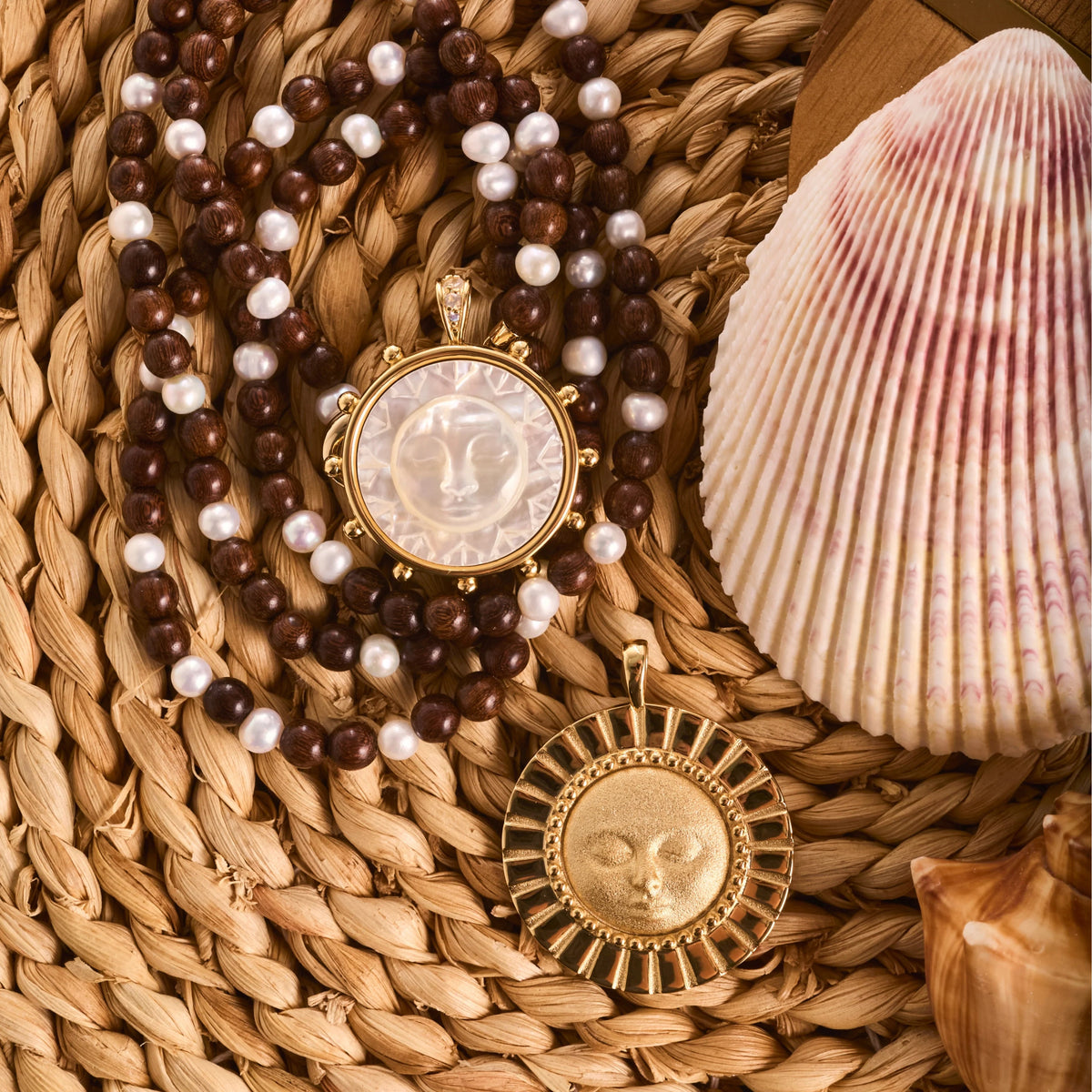 Jane Win Wood & Pearl Beaded Double Wrap Necklace, Jane Win STRONG Ever Shining Sun Carved Stone Pendant Necklace
